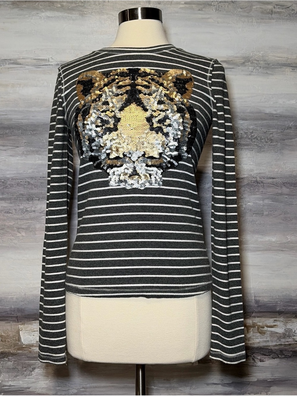 WE THE FREE PEOPLE Tiger Sequin Stripe Long Sleeve Top Stretch Tattoo Jungle - Picture 2 of 8